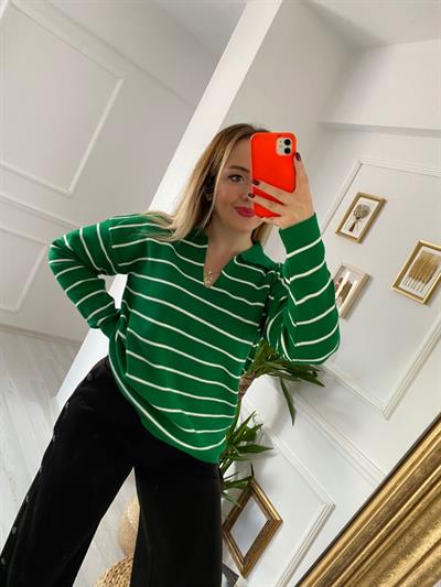 Çizgili Yeşil Polo Yaka  Çelik Triko