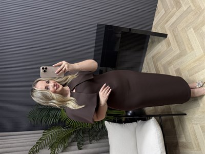 Clara Pelerinli Tasarım Kalem Elbise Acı Kahve 