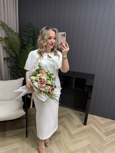 Clara Pelerinli Tasarım Kalem Elbise Beyaz 