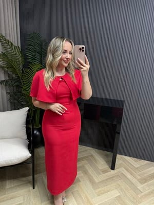 Clara Pelerinli Tasarım Kalem Elbise Kırmızı 