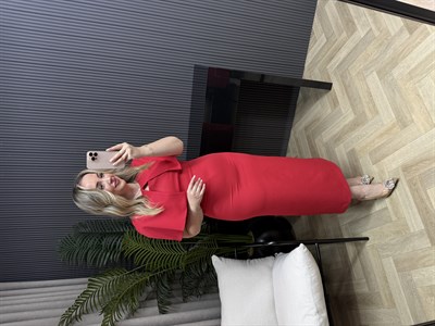 Clara Pelerinli Tasarım Kalem Elbise Kırmızı 
