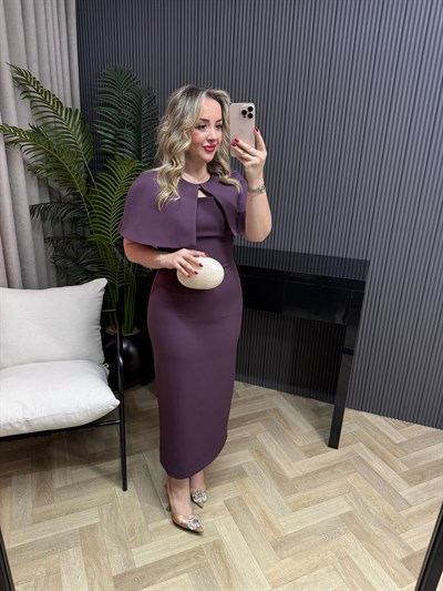 Clara Pelerinli Tasarım Kalem Elbise Mürdüm 