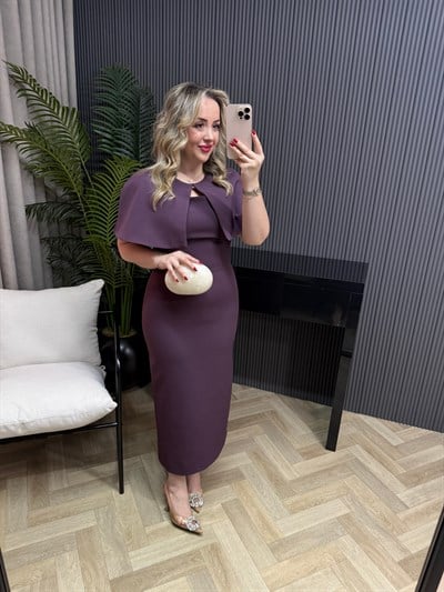 Clara Pelerinli Tasarım Kalem Elbise Mürdüm 