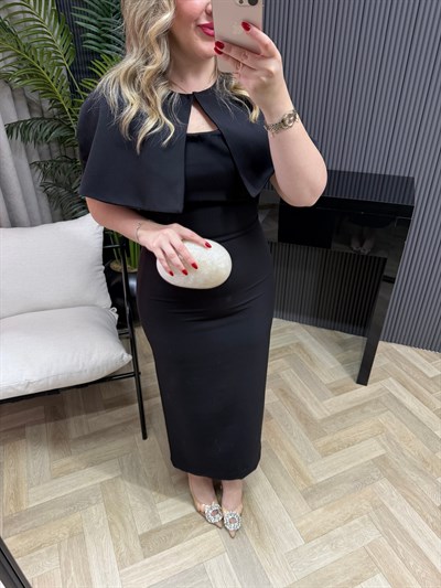 Clara Pelerinli Tasarım Kalem Elbise Siyah