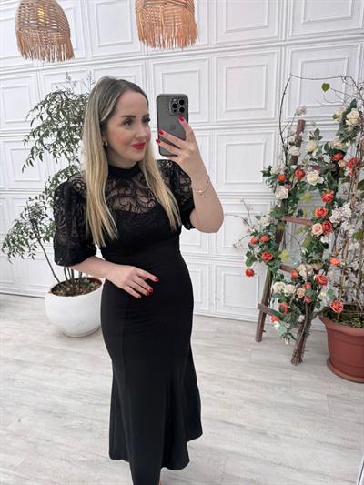 Dantel Güpür Balon Kol Balık Model Elbise Siyah