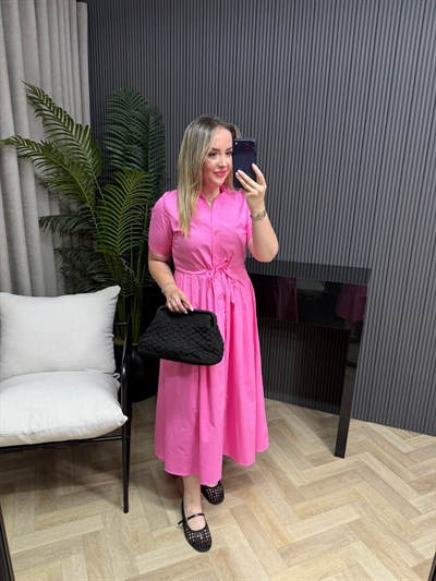 Defne Bel Büzgülü Orj Marka Model Elbise Pembe