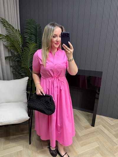 Defne Bel Büzgülü Orj Marka Model Elbise Pembe