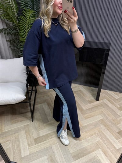 Denim Detaylı Tasarım Rahat Takım Lacivert