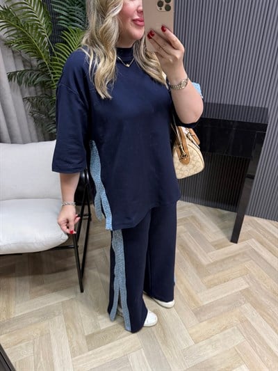 Denim Detaylı Tasarım Rahat Takım Lacivert