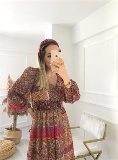 Desenli Şifon Elbise