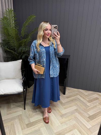 Desenli Tensel Gömlek Mavi