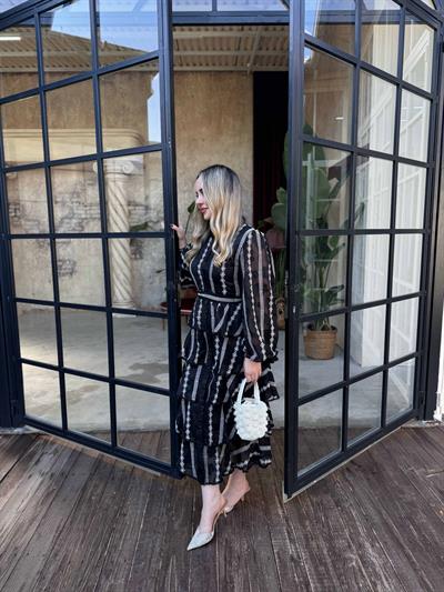 Diamond Kat Kat Şifon Elbise Siyah Beyaz Çizgili