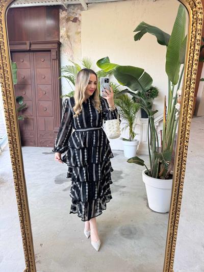 Diamond Kat Kat Şifon Elbise Siyah Beyaz Çizgili