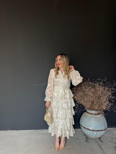 Diamond Kat Kat Tasarım Şifon Elbise Ekru