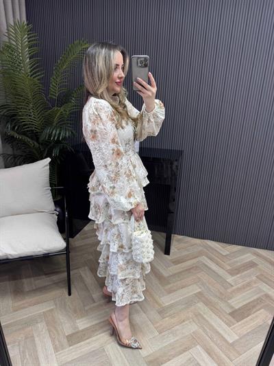 Diamond Kat Kat Tasarım Şifon Elbise Kahverengi Çiçekli