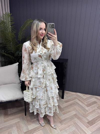 Diamond Kat Kat Tasarım Şifon Elbise Kahverengi Çiçekli