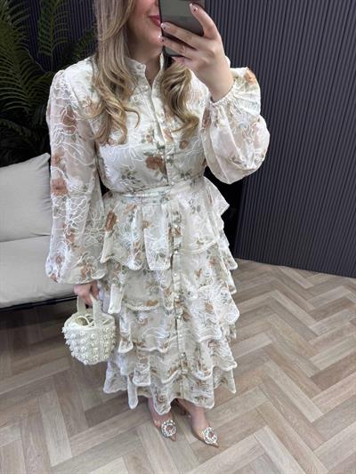 Diamond Kat Kat Tasarım Şifon Elbise Kahverengi Çiçekli