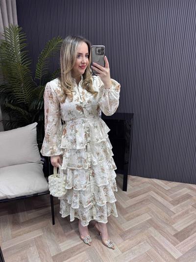 Diamond Kat Kat Tasarım Şifon Elbise Kahverengi Çiçekli