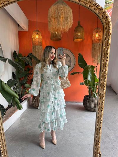 Diamond Kat Kat Tasarım Şifon Elbise Su Yeşil