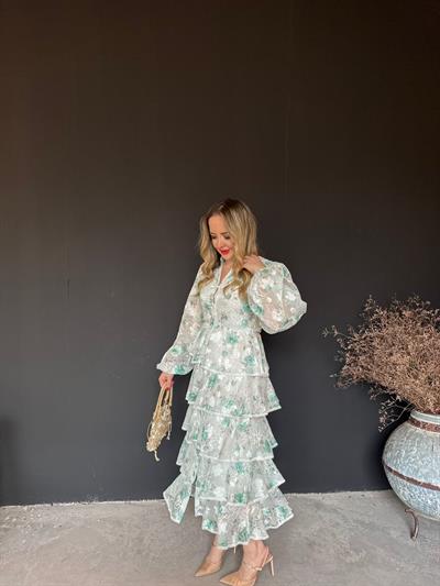 Diamond Kat Kat Tasarım Şifon Elbise Su Yeşil