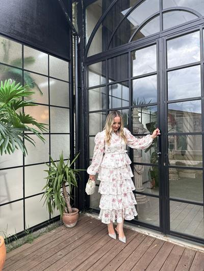 Diamond Kat Kat Tasarım Şifon Elbise Pembe Çiçekli