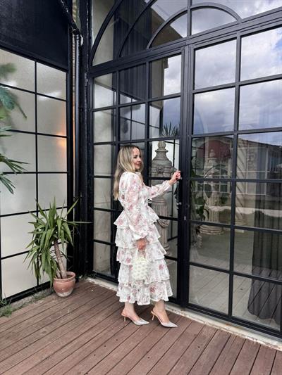 Diamond Kat Kat Tasarım Şifon Elbise Pembe Çiçekli