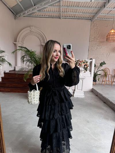 Diamond Kat Kat Tasarım Şifon Elbise Siyah