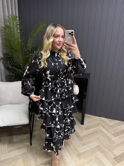 Diamond Siyah Sarmaşık Desenli Elbise