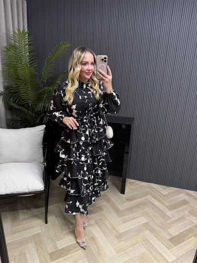 Diamond Siyah Sarmaşık Desenli Elbise