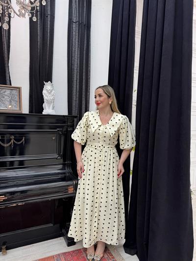 Diana Balon Kol Bebe Yaka Siyah Puantiyeli Elbise