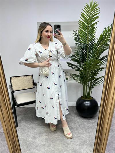Diana Balon Kol Mavi Çiçekli Pamuk Kumaş Elbise