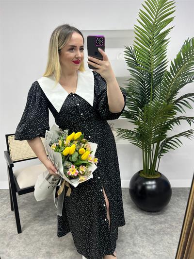 Diana Balon Kol Puantiye Tasarım Elbise Siyah