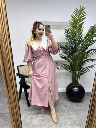 Diana Balon Kol Puantiye Tasarım Elbise Toz Pembe