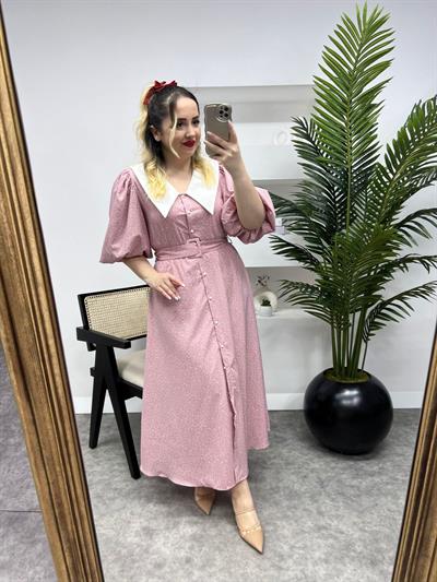 Diana Balon Kol Puantiye Tasarım Elbise Toz Pembe