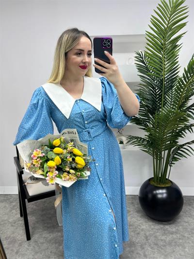 Diana Balon Kol Puantiye Tasarım Elbise Bebek Mavi