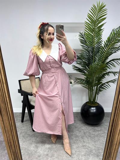 Diana Balon Kol Puantiye Tasarım Elbise Toz Pembe