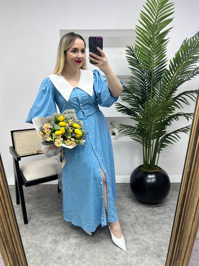 Diana Balon Kol Puantiye Tasarım Elbise Bebek Mavi