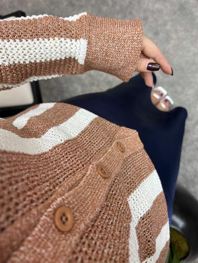 Dikey Çizgili Ajurlu Hirka Bej