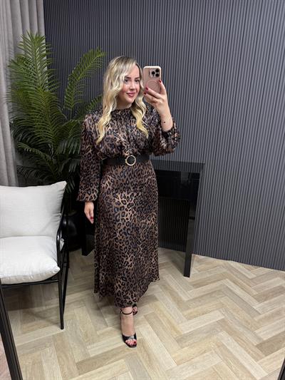 Dina Özel Tasarım Vatkalı Kemerli Kahverengi Leopar Elbise