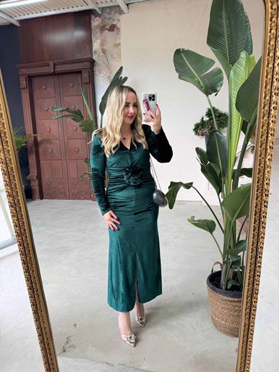 Diva Kadife Tasarım Elbise Zümrüt Yeşil