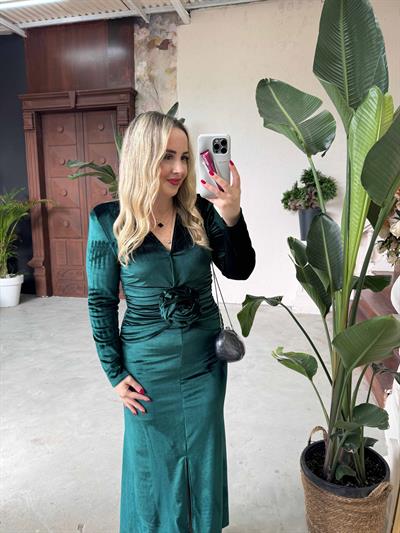 Diva Kadife Tasarım Elbise Zümrüt Yeşil