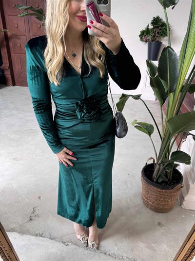 Diva Kadife Tasarım Elbise Zümrüt Yeşil