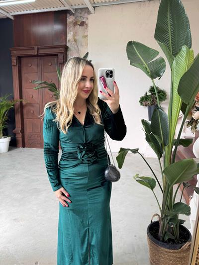 Diva Kadife Tasarım Elbise Zümrüt Yeşil