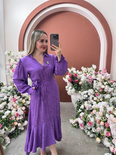Diva Taş Broşlu Saten Elbise Lila