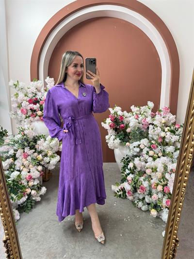 Diva Taş Broşlu Saten Elbise Lila