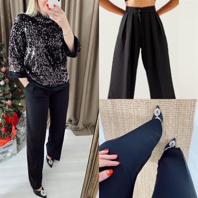 Dökümlü Kumaş Yüksek Bel Palazzo Model Pantolon Siyah