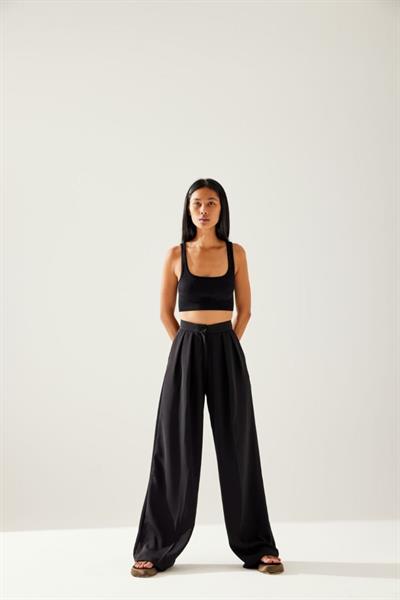 Dökümlü Kumaş Yüksek Bel Palazzo Model Pantolon Siyah