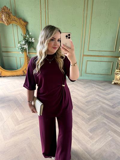 Double Kol Gold Bel Detaylı Modal Takım Mürdüm