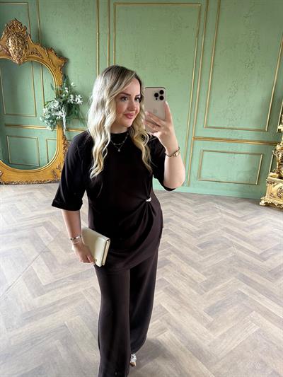 Double Kol Gold Bel Detaylı Modal Takım Acı Kahve