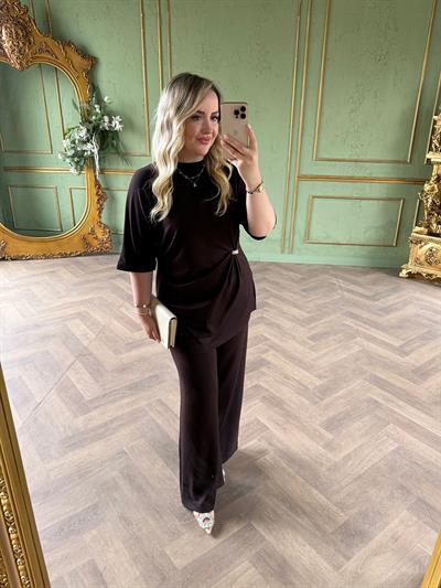 Double Kol Gold Bel Detaylı Modal Takım Acı Kahve